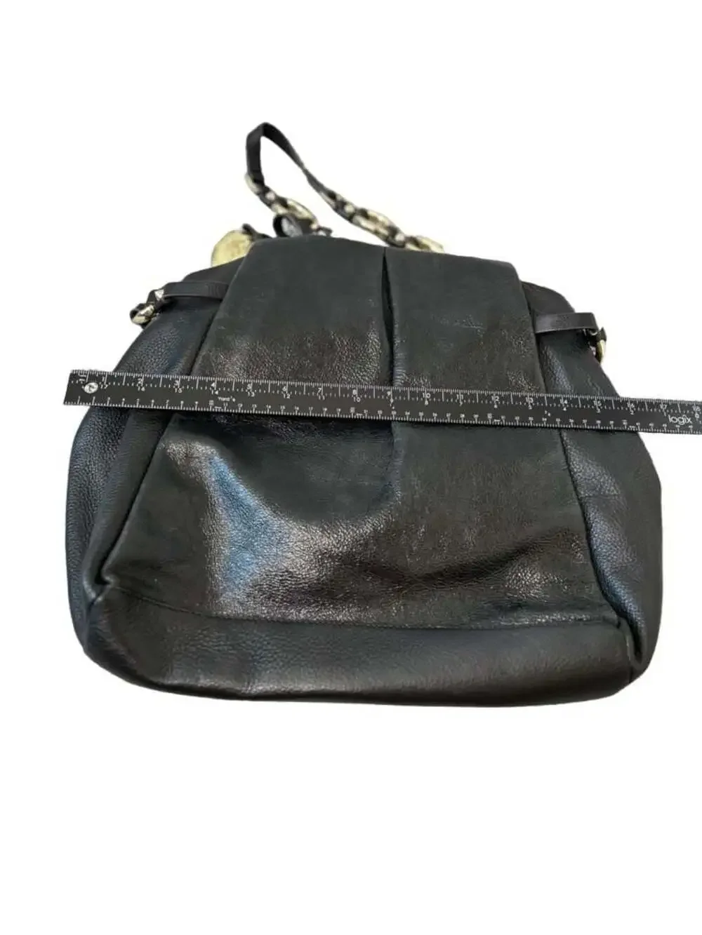 Vince Camuto Black Pebbled Leather Hobo Shoulder Bag with Gold-Tone Chain Link D
